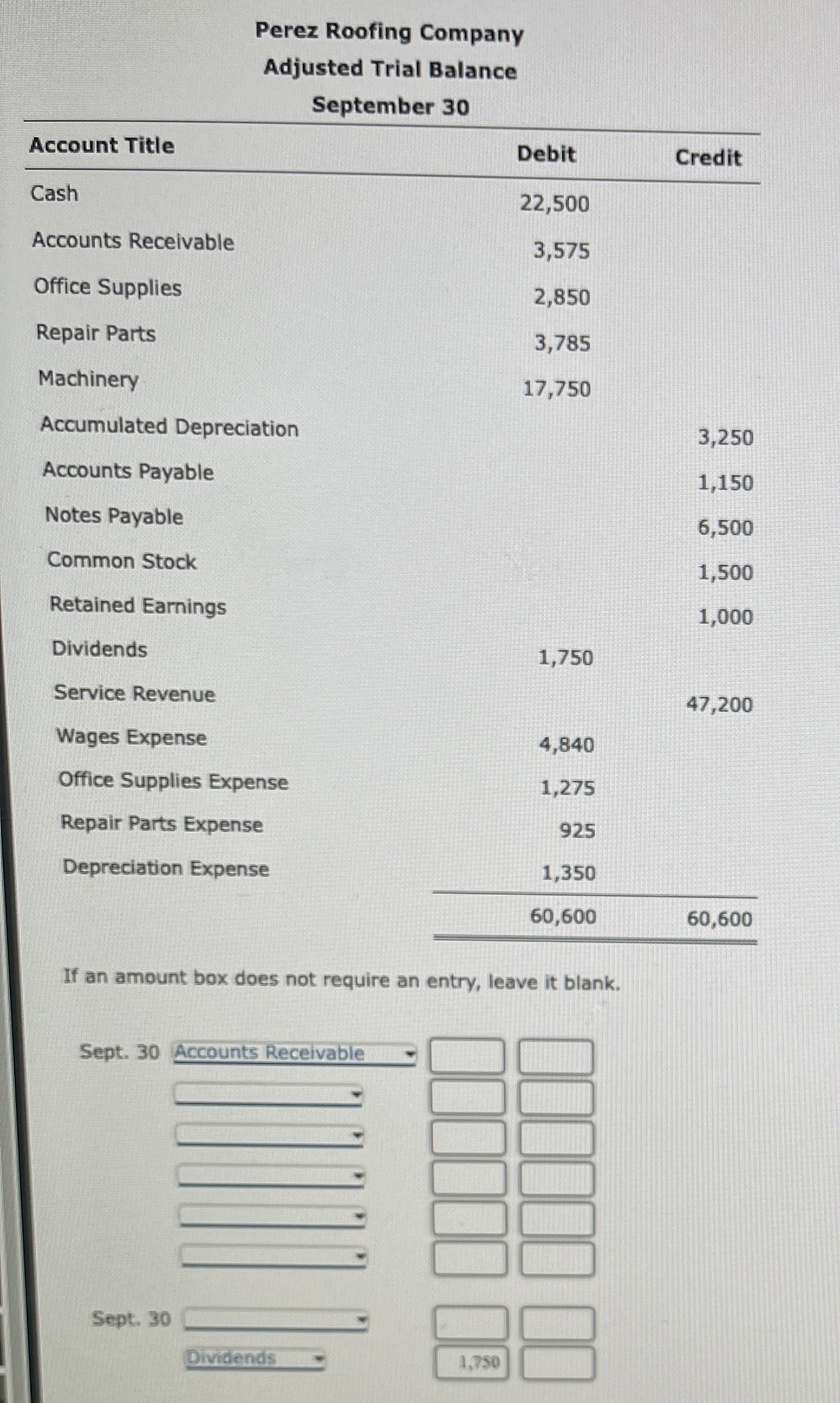 Perez Roofing Company Adjusted Triat Balance September 30 Account Title Cash Accounts