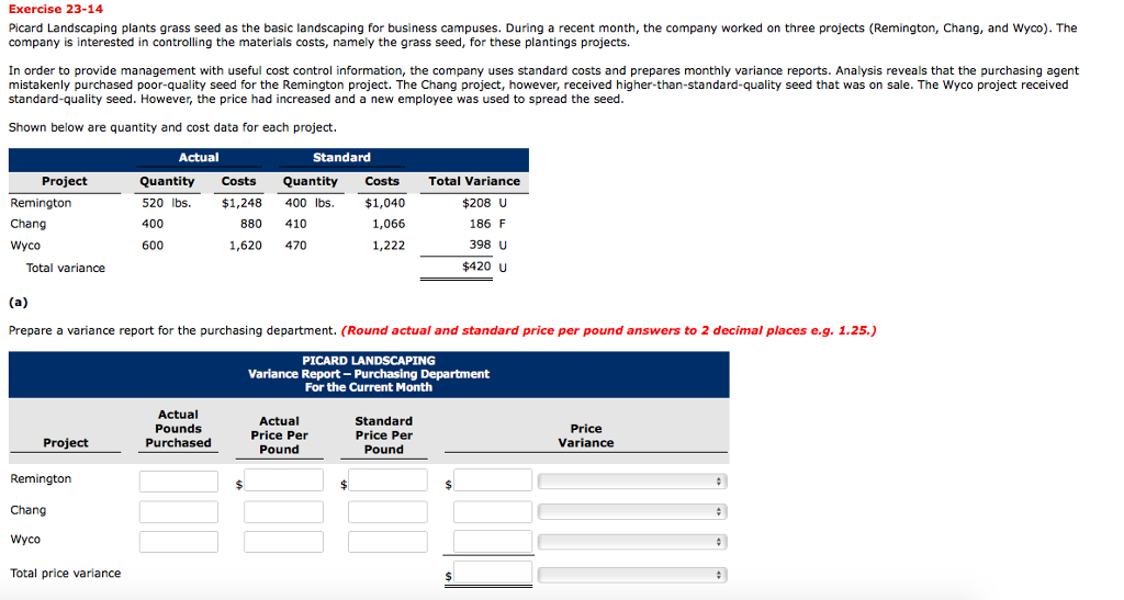 Exercise 23-14 Picard Landscaping plants grass seed as the basic landscaping