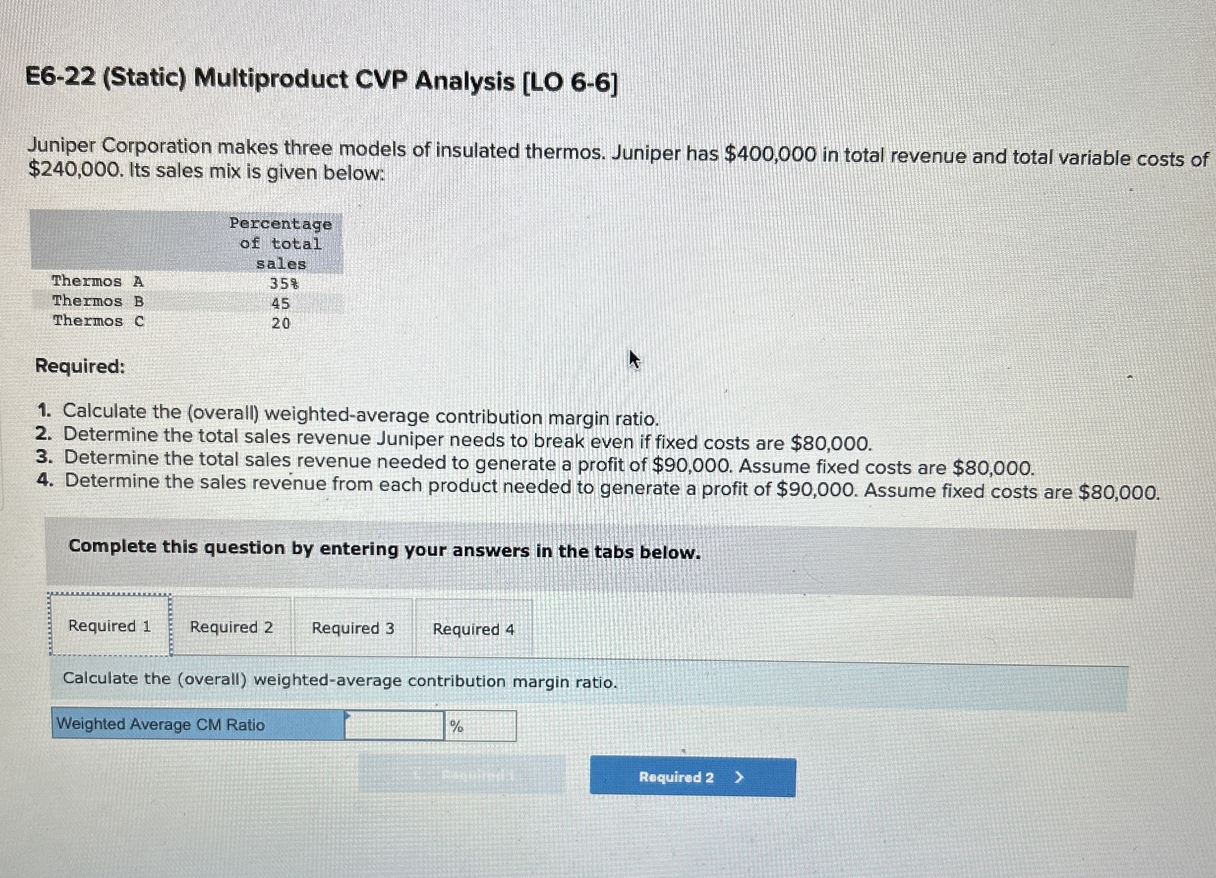  E6-22(Static) Multiproduct CVP Analysis [LO 6-6] Juniper Corporation makes three models