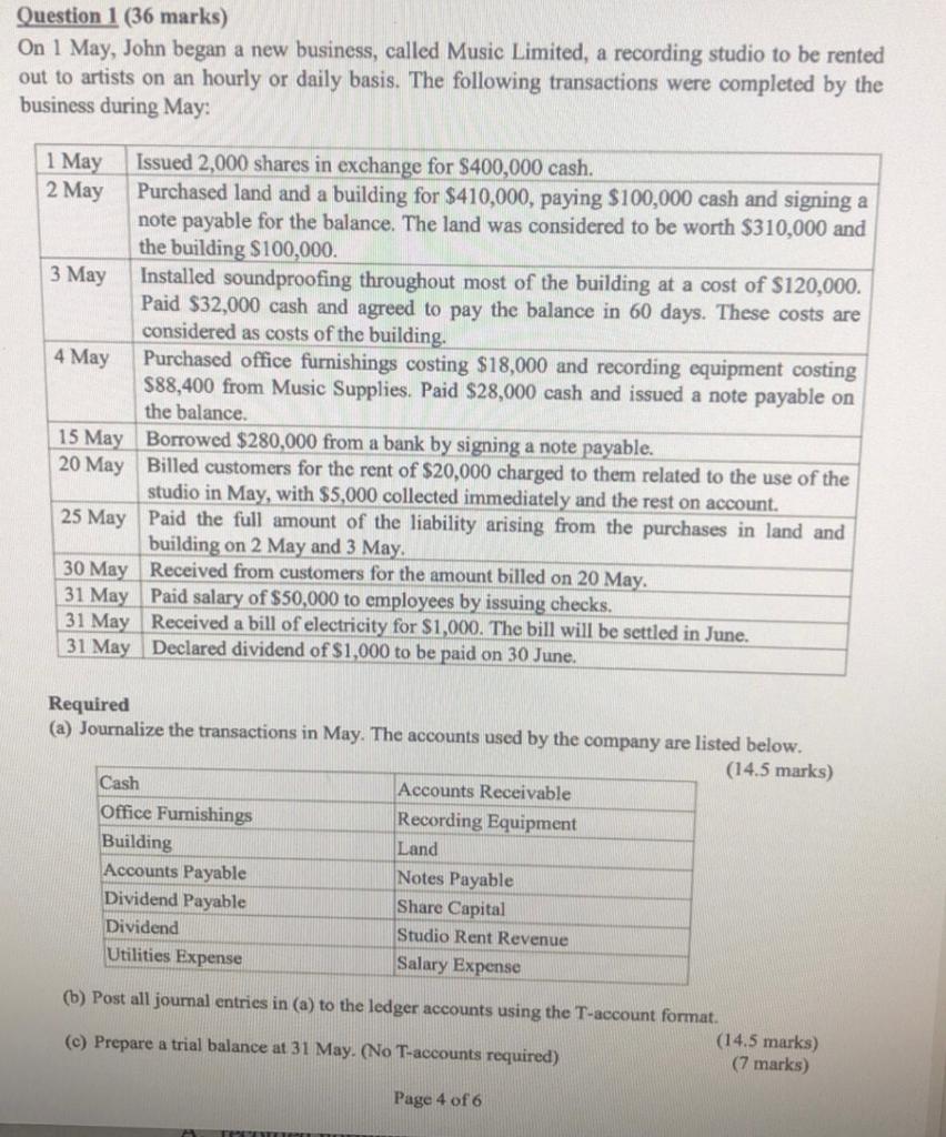  Question 1 (36 marks) On 1 May, John began a new