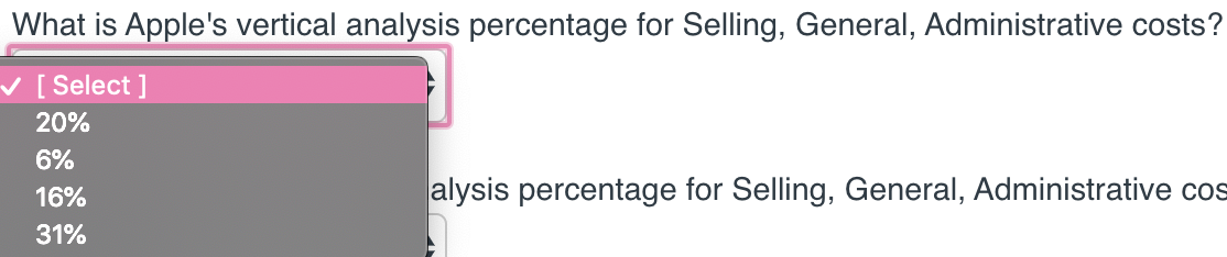 $ 14,726 22,223 What is Apple's vertical analysis percentage for Revenue? (Select]