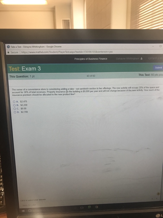  Take a Test-Oshayne Whitingham- Google Chrome Secure l https//www.mathudcom/Student/PlayerTest.aspx?testida 174 1