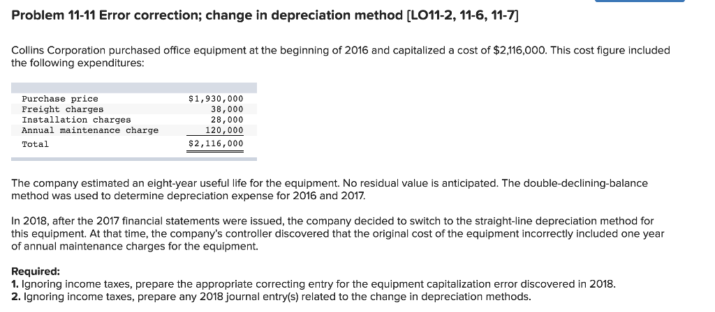  Problem 11-11 Error correction; change in depreciation method [LO11-2, 11-6, 11-7]