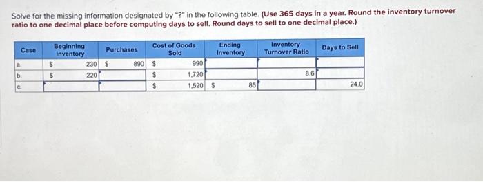  Solve for the missing information designated by "?" in the following