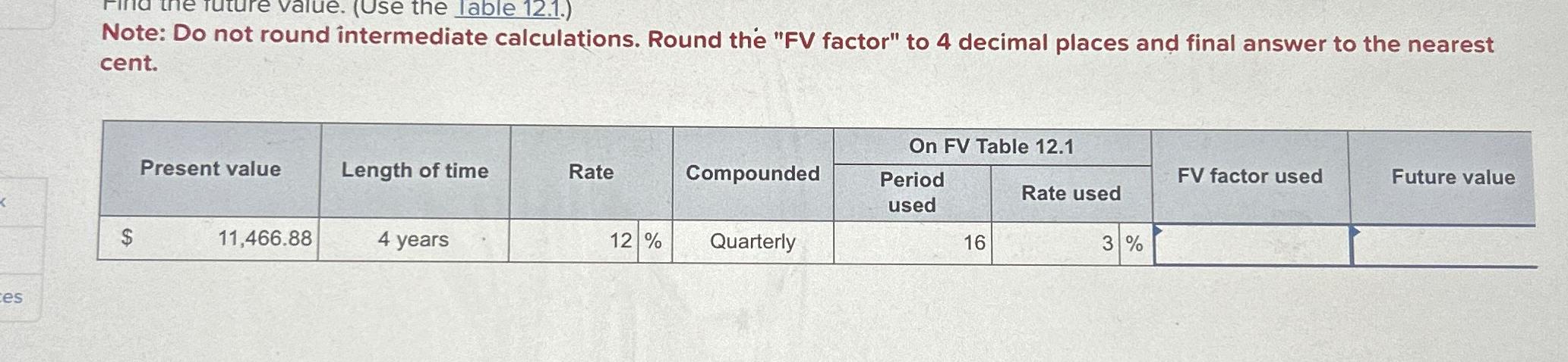  Note: Do not round intermediate calculations. Round the "FV factor" to