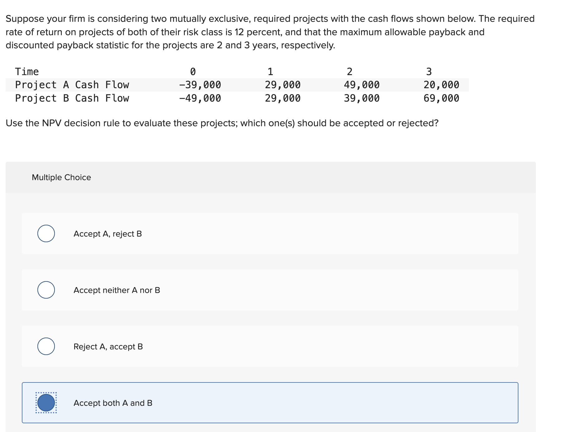  Suppose your firm is considering two mutually exclusive, required projects with