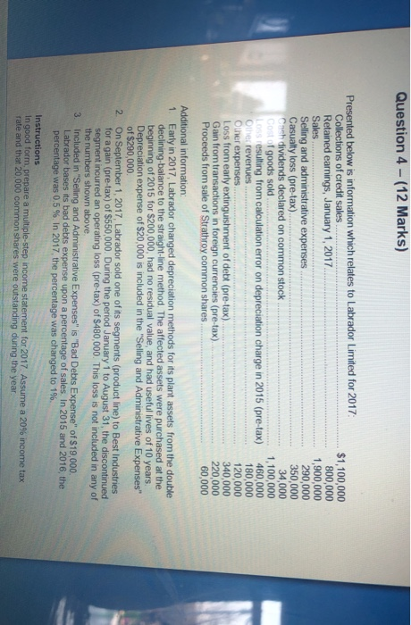  Question 4 - (12 Marks) Presented below is information which relates