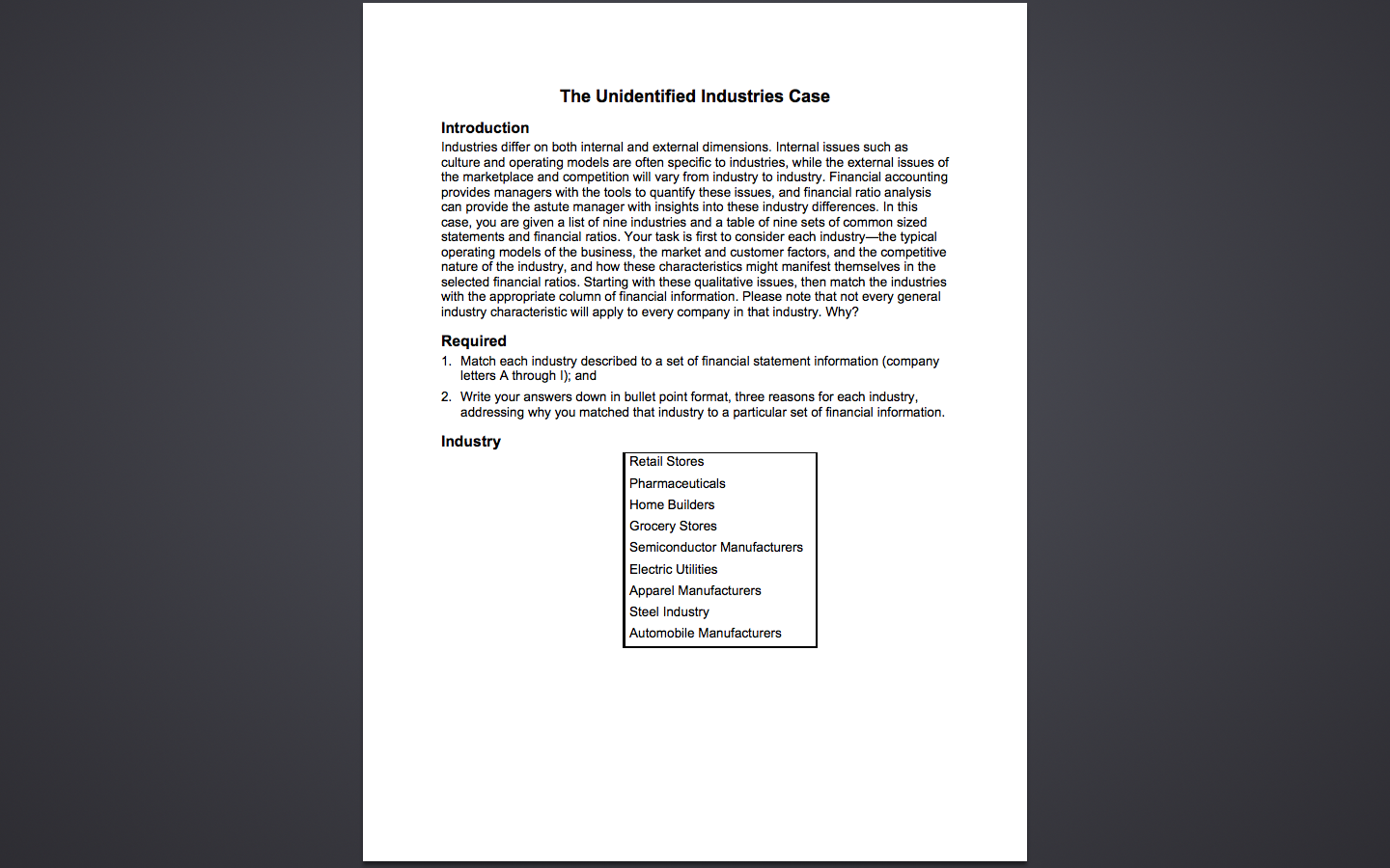  The Unidentified Industries Case Introduction Industries differ on both internal and