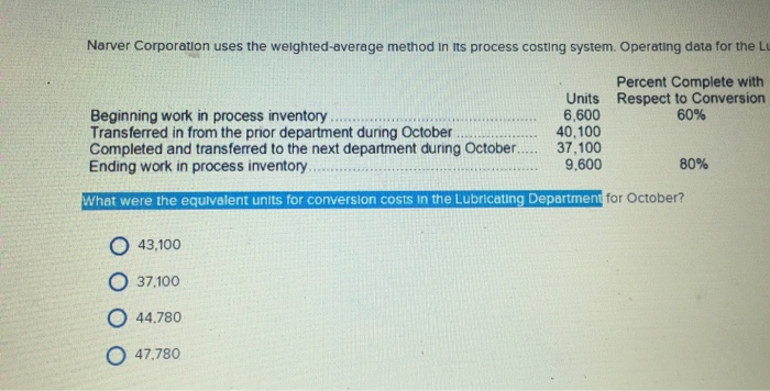 Narver Corporation uses the welghted-average method In Its process costlng system. Operaung