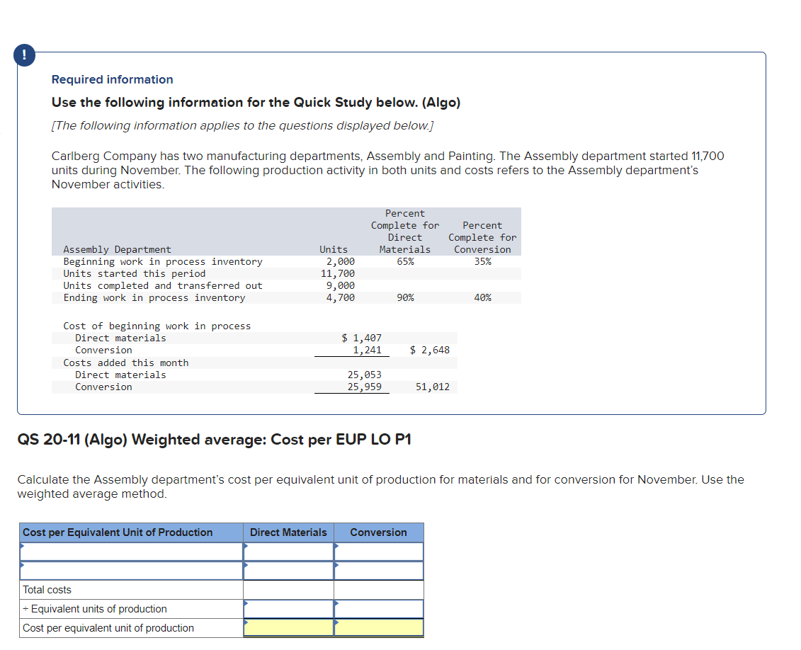  Required information Use the following information for the Quick Study below.
