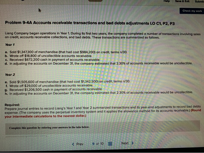 Help Save & Exit Submit Check my work Problem 9.4A Accounts