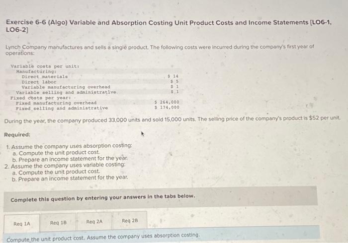  Exercise 6-6 (Algo) Variable and Absorption Costing Unit Product Costs and