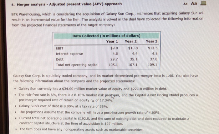  4. Merger analysis- Adjusted present value (APV) approach Aa Aa B