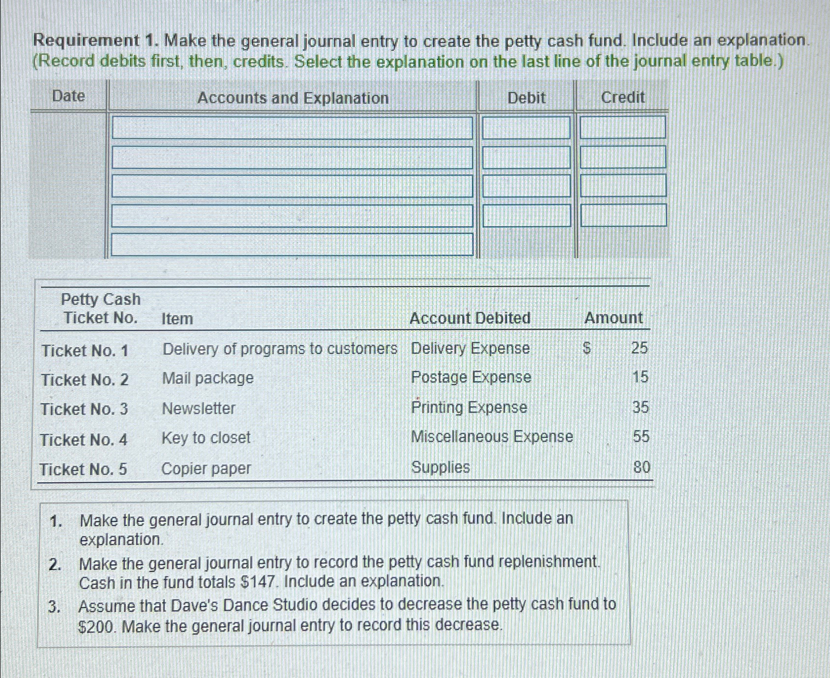  Requirement 1. Make the general journal entry to create the petty