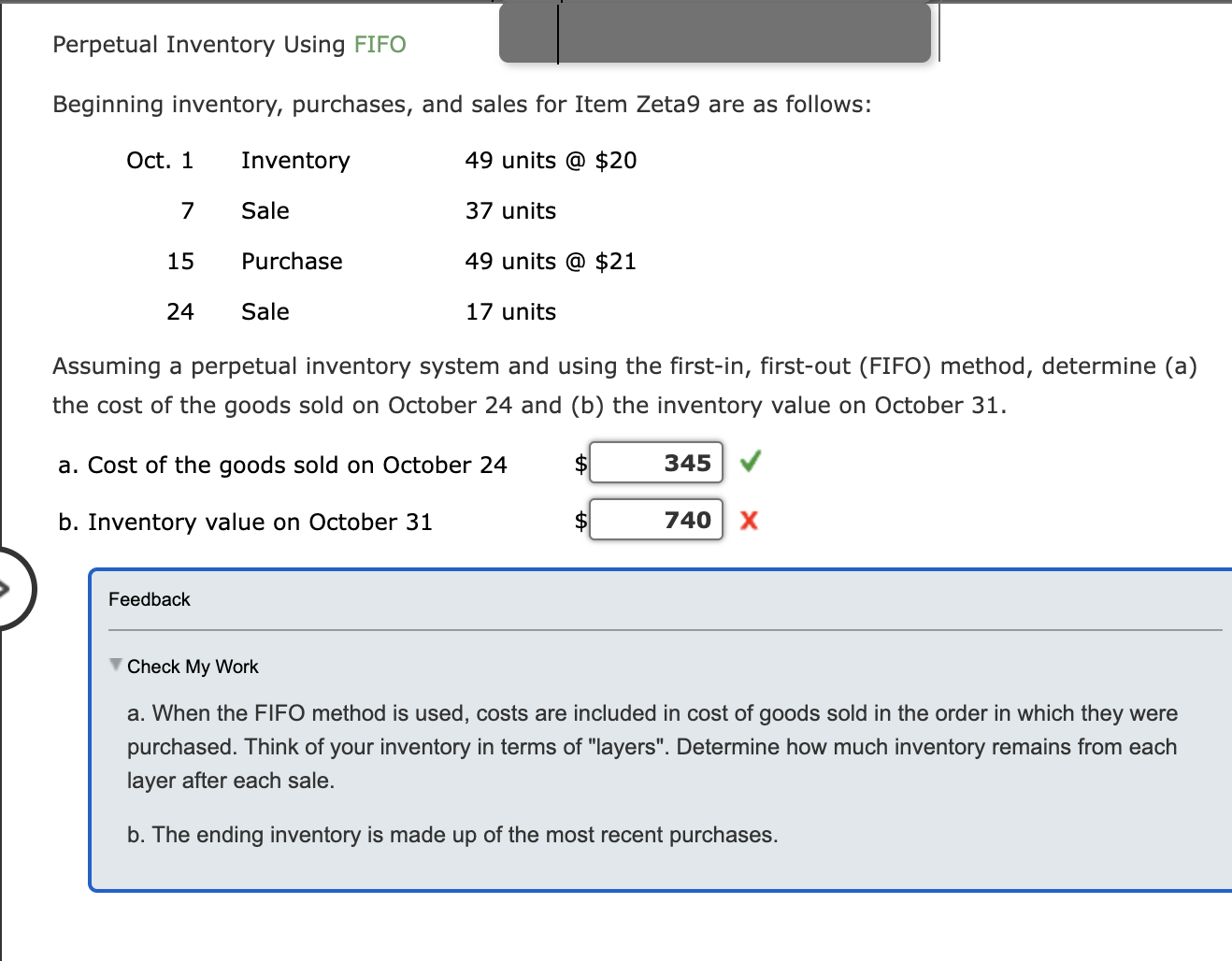 Perpetual Inventory Using FIFO Beginning inventory, purchases, and sales for Item