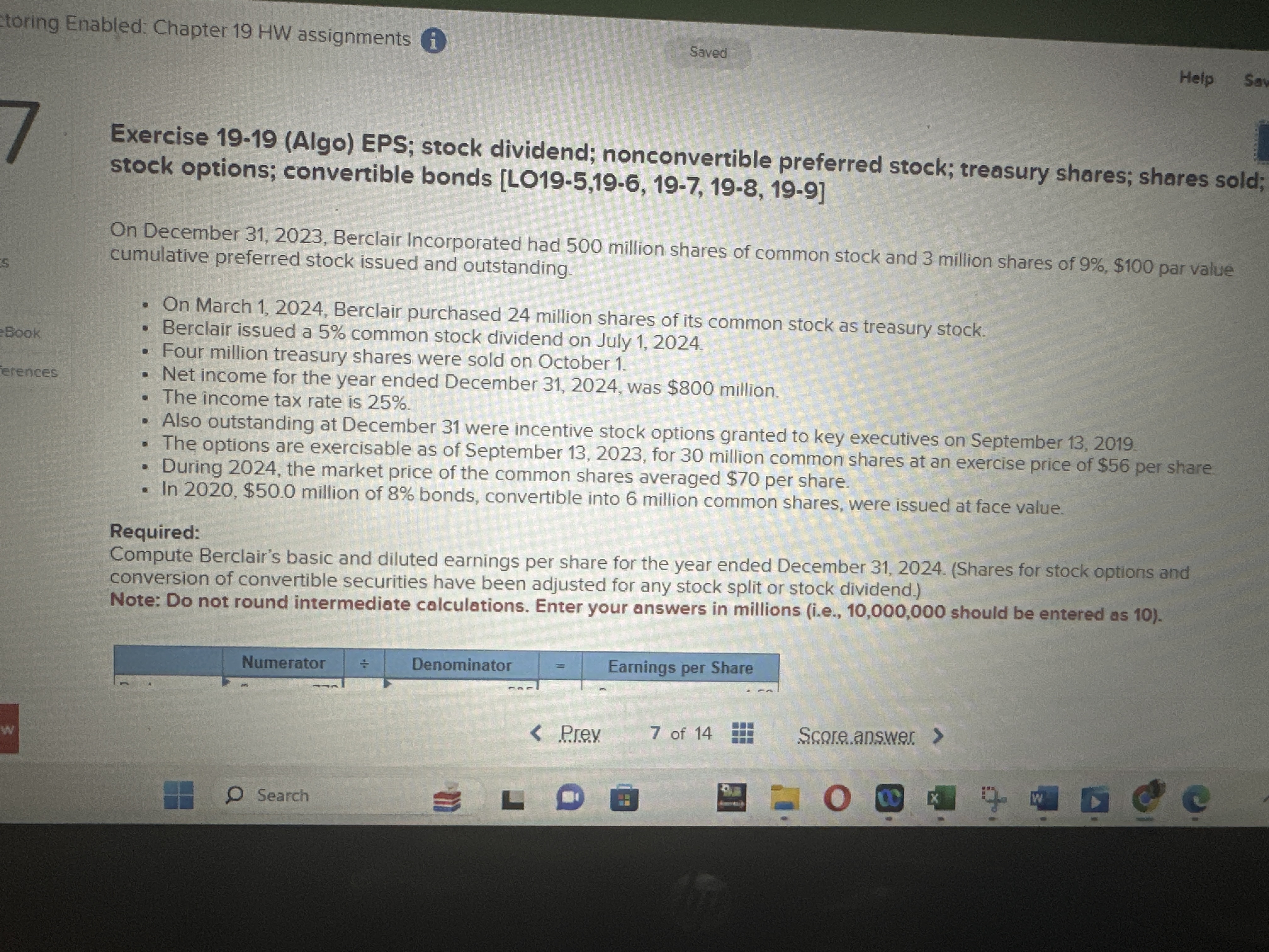  Exercise 19-19(Algo) EPS; stock dividend; nonconvertible preferred stock; treasury shares; shares