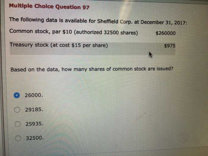  Multiple Choice Question 97 The following data is available for Sheffield