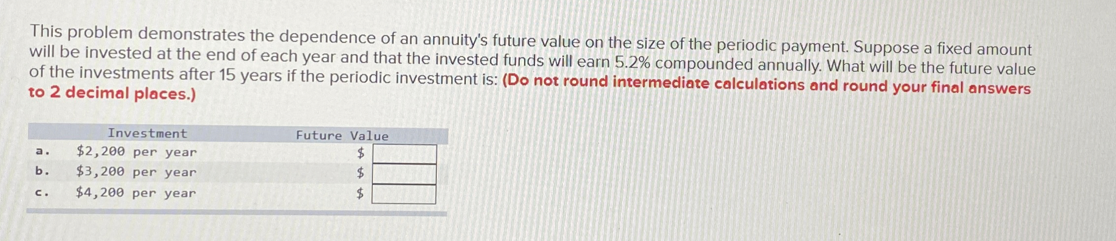  This problem demonstrates the dependence of an annuity's future value on