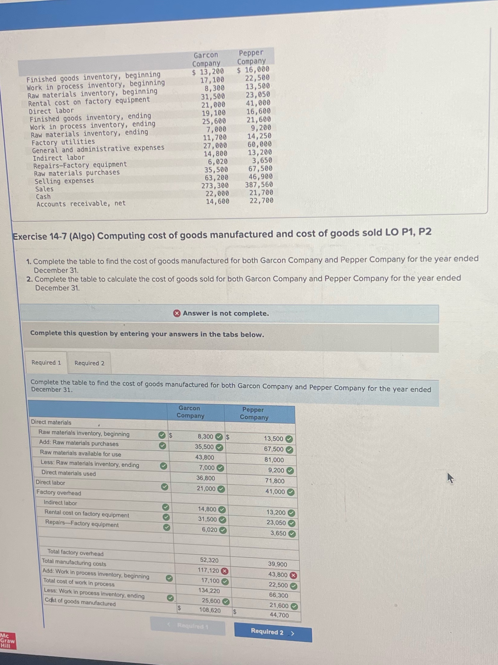  Finished goods inventory, beginning\table[[,Garcon,Pepper],[,Company,Company],[Finished goods inventory, beginning,$13,200,$16,000 Work in process inventory,