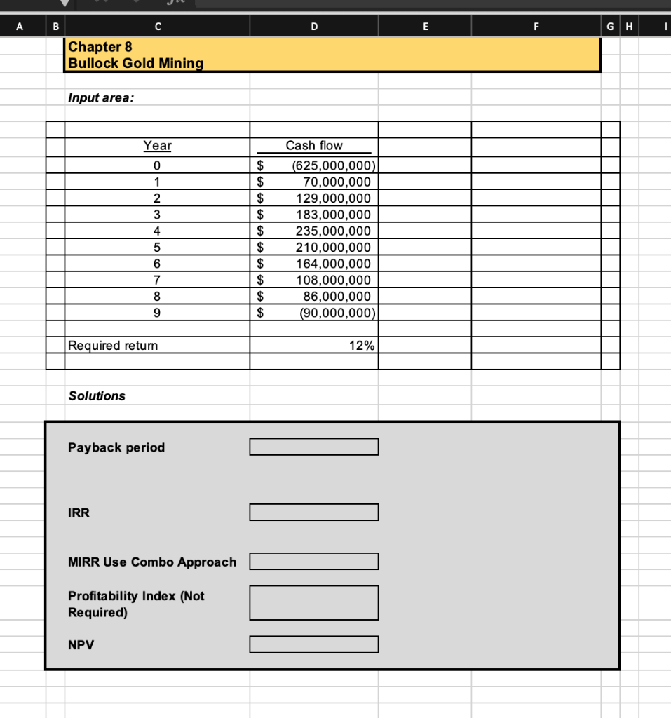 Must show all formulas and work. Input area: Solutions Payback period