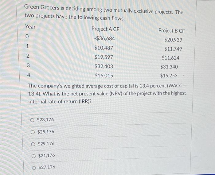 Q24 Green Grocers is deciding among two mutually exclusive projects. The two