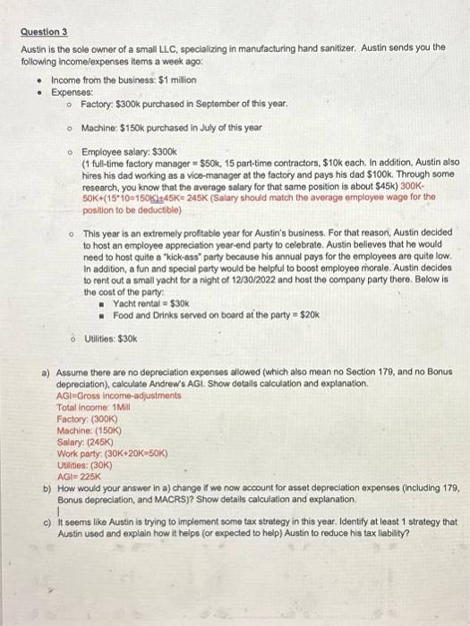 based on 2023 Question 3 Austin is the sole owner of a