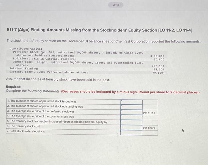  Seved E11-7 (Algo) Finding Amounts Missing from the Stockholders' Equity Section