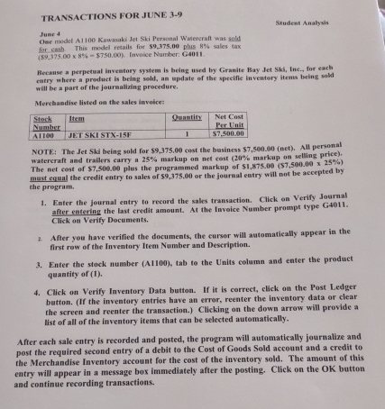  TRANSACTIONS FOR JUNE 3-9 Student Analysis June 4 Oee nodel A