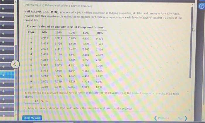18. help Internal Rate of Return Method for a Service Company Vail