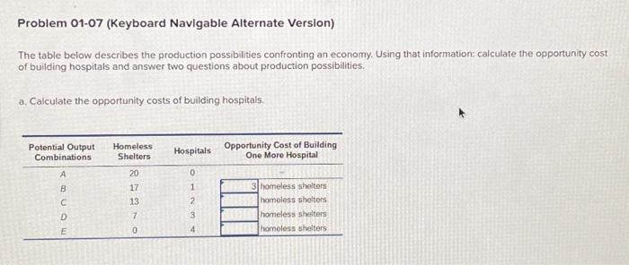  Problem 01-07 (Keyboard Navigable Alternate Version) The table below describes the