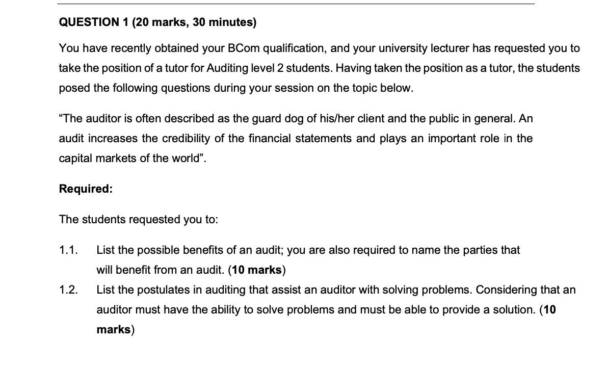  QUESTION 1(20 marks, 30 minutes) You have recently obtained your BCom