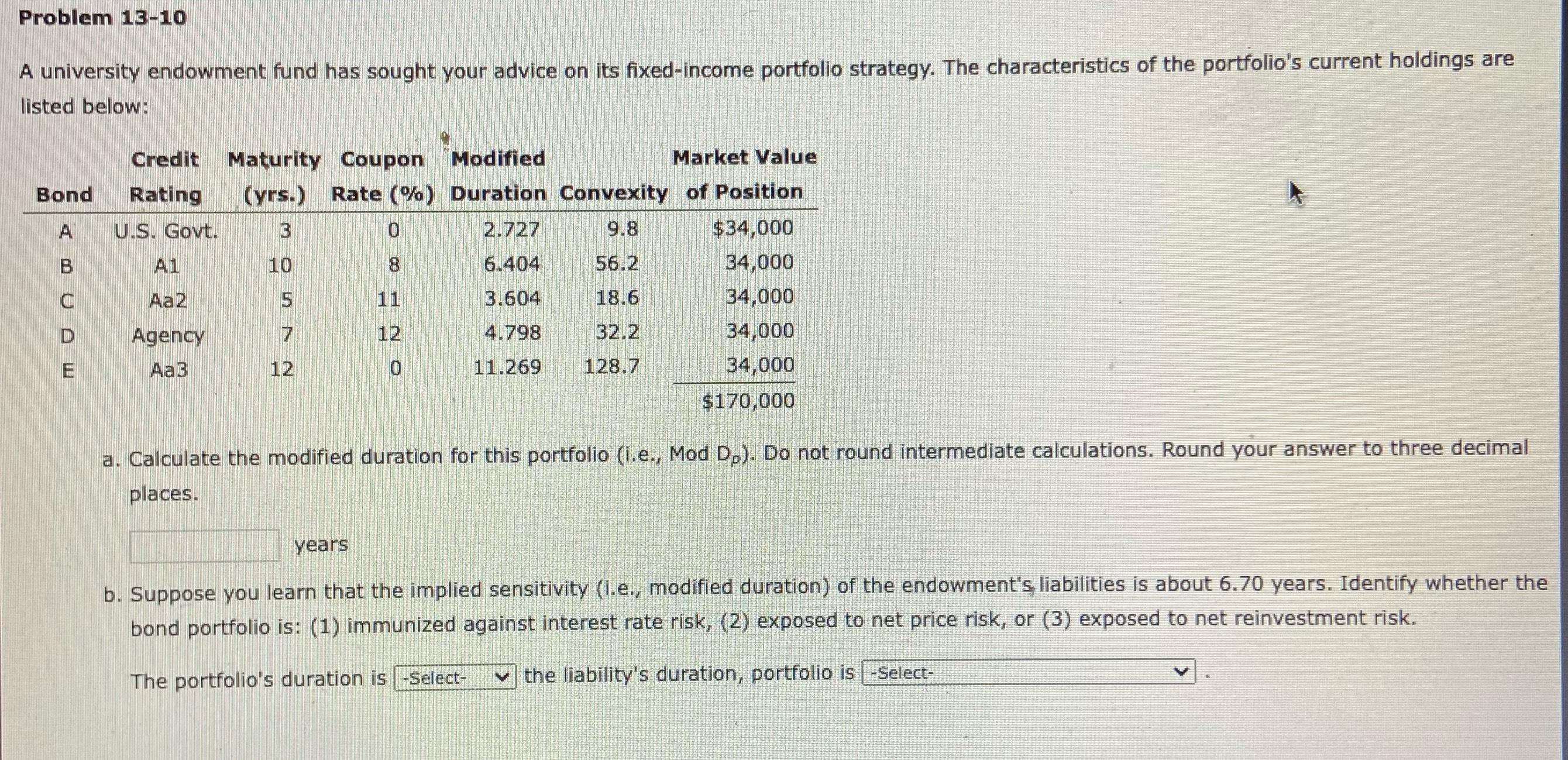  Problem 13-10 A university endowment fund has sought your advice on
