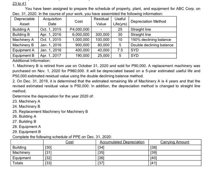 23 to 41 Complete the table below using the given informations. 23