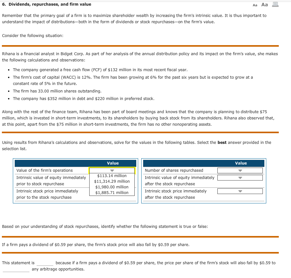  6. Dividends, repurchases, and firm value Aa Aa E Remember that