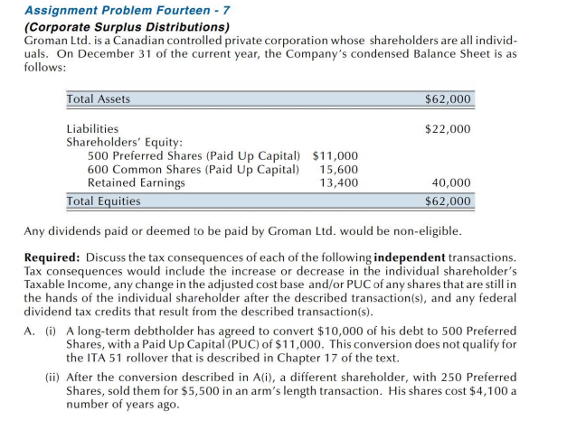 Assignment Problem Fourteen - 7 (Corporate Surplus Distributions) Groman Ltd. is