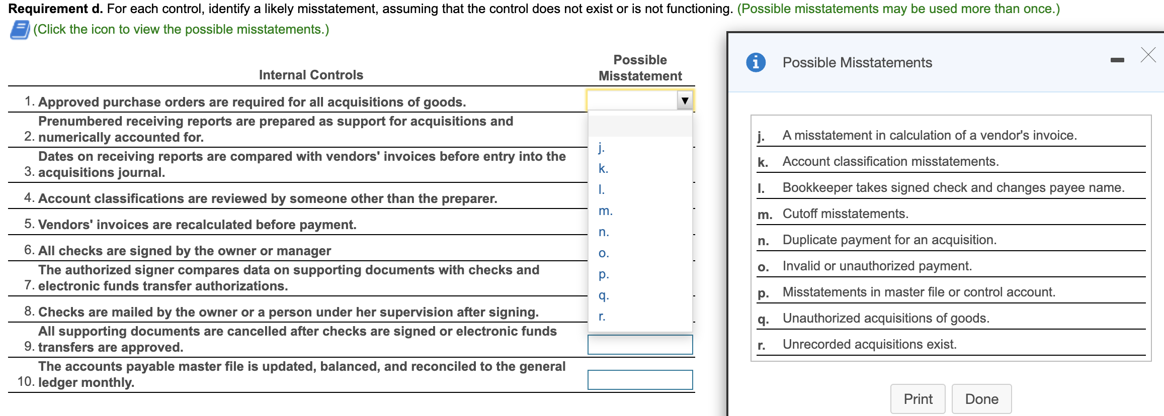  Requirement d. For each control, identify a likely misstatement, assuming that