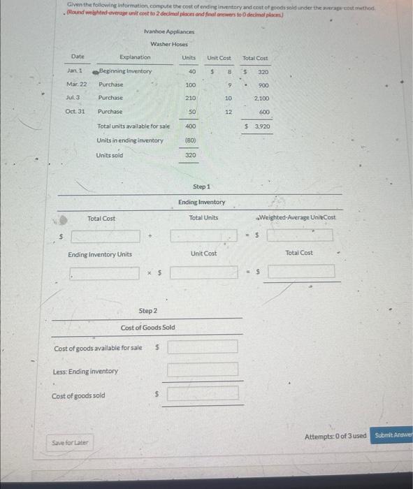  Pla Ch6 Question 3 Given the following informution compute the cont