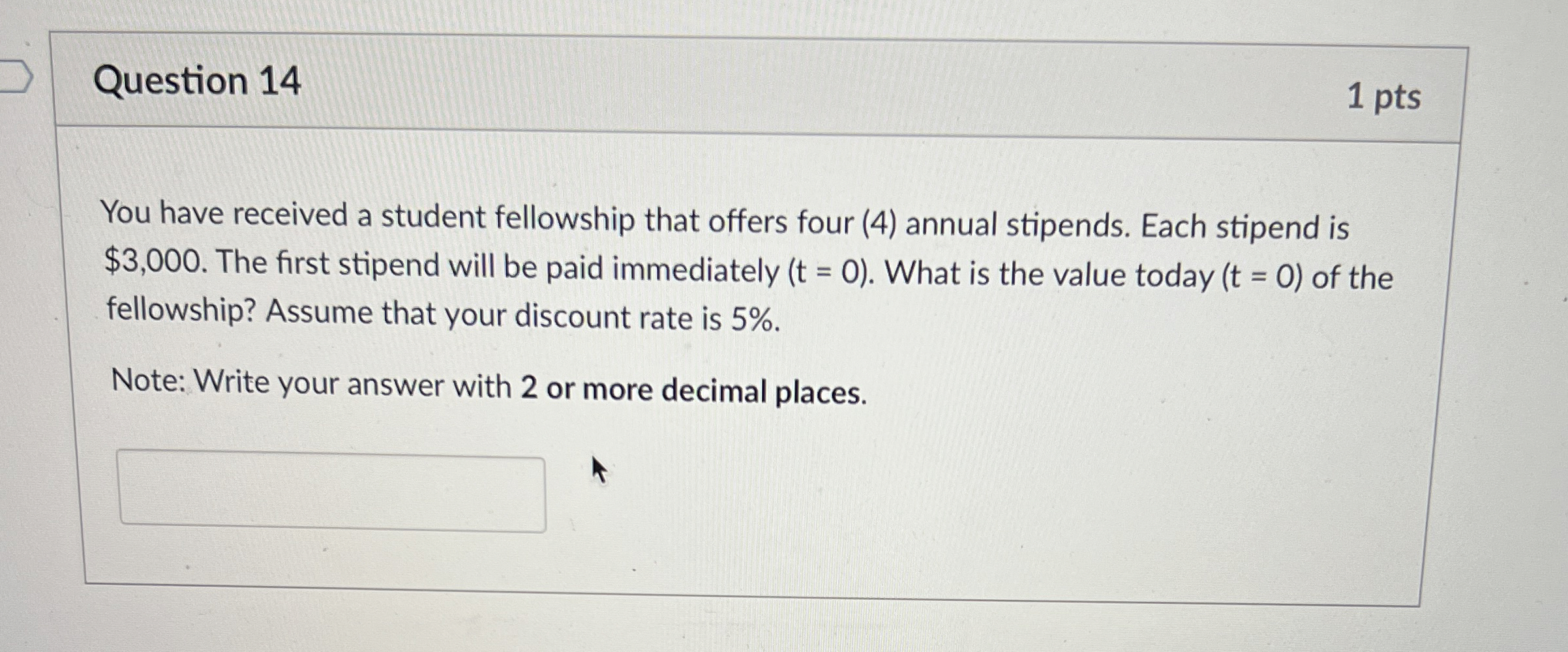  Question 14 1 pts You have received a student fellowship that
