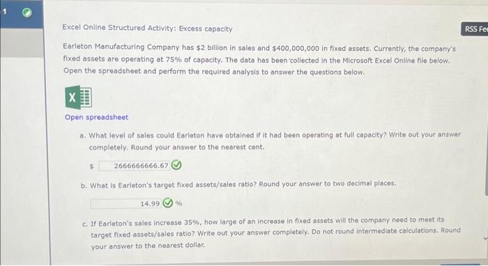  Excel Online Structured Activity: Excess capacity Earleton Manufacturing Company has $2