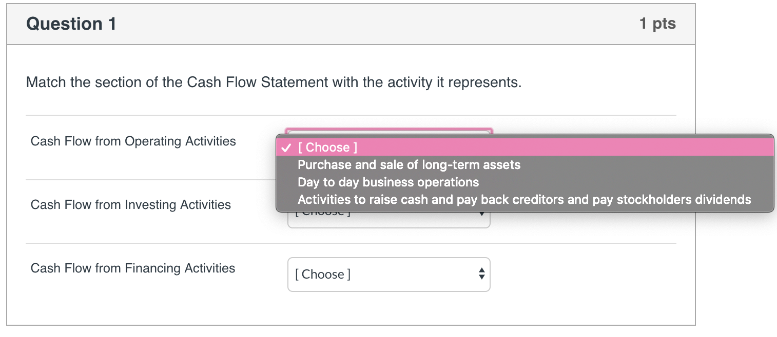 the answer choices for the boxes. Question 1 1 pts Match the