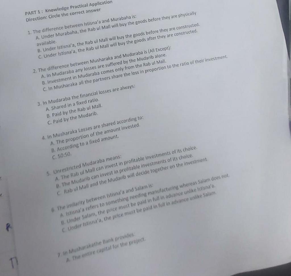 islamic banking and finance 2 please answer ASAP PART 1: Knowledge Practical