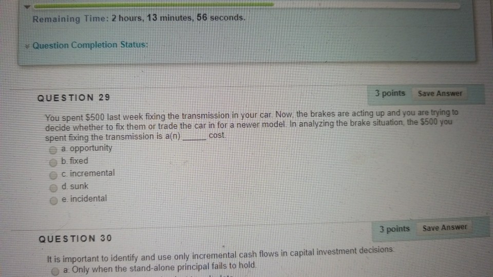 Remaining Time: 2 hours, 13 minutes, 56 seconds. Question Completion Status: