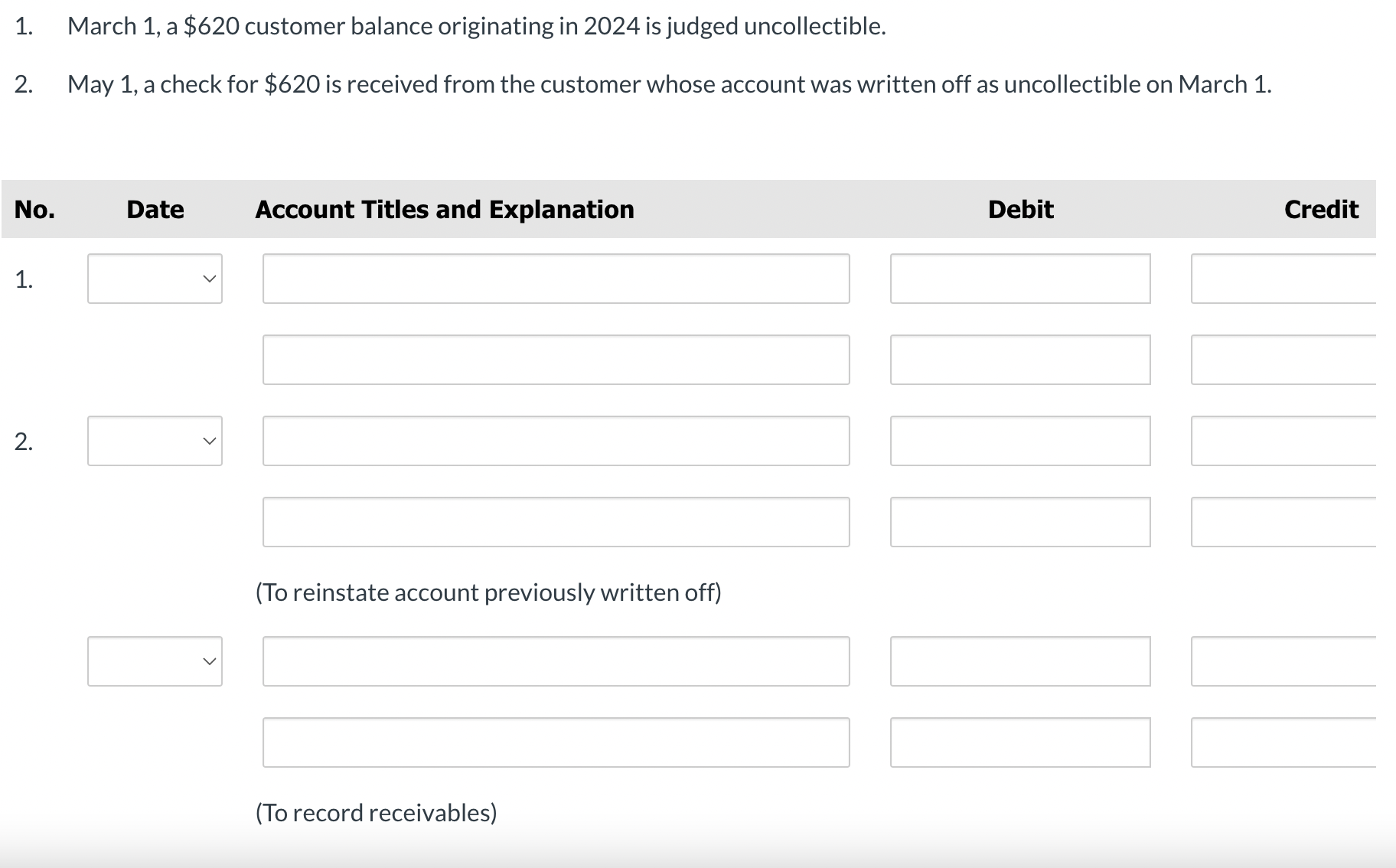 Credit account titles are automatically indented when amount is entered. Do not