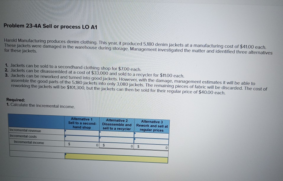  Problem 23-4A Sell or process LO A1 Harold Manufacturing produces denim