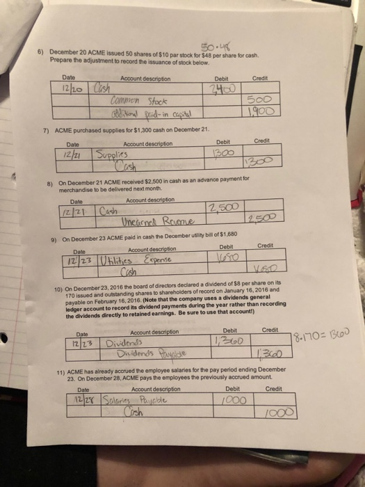 information below for selected transactions during the mon December, 2016 and prepare