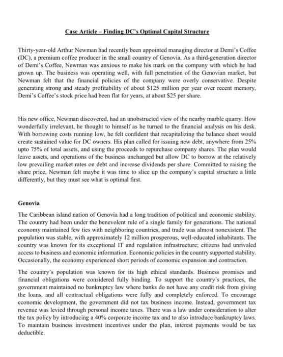  Case Article - Finding DC's Optimal Capital Structure Thirty-year-old Arthur Newman
