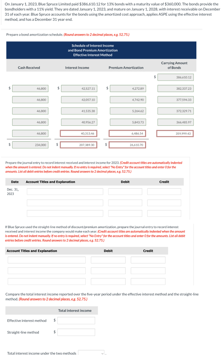  On January 1,2023, Blue Spruce Limited paid $386,610.12 for 13% bonds