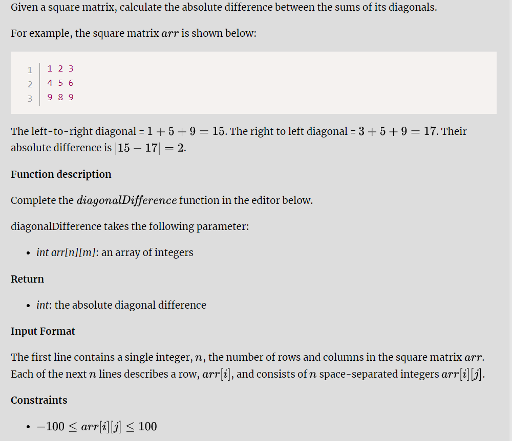  Given a square matrix, calculate the absolute difference between the sums