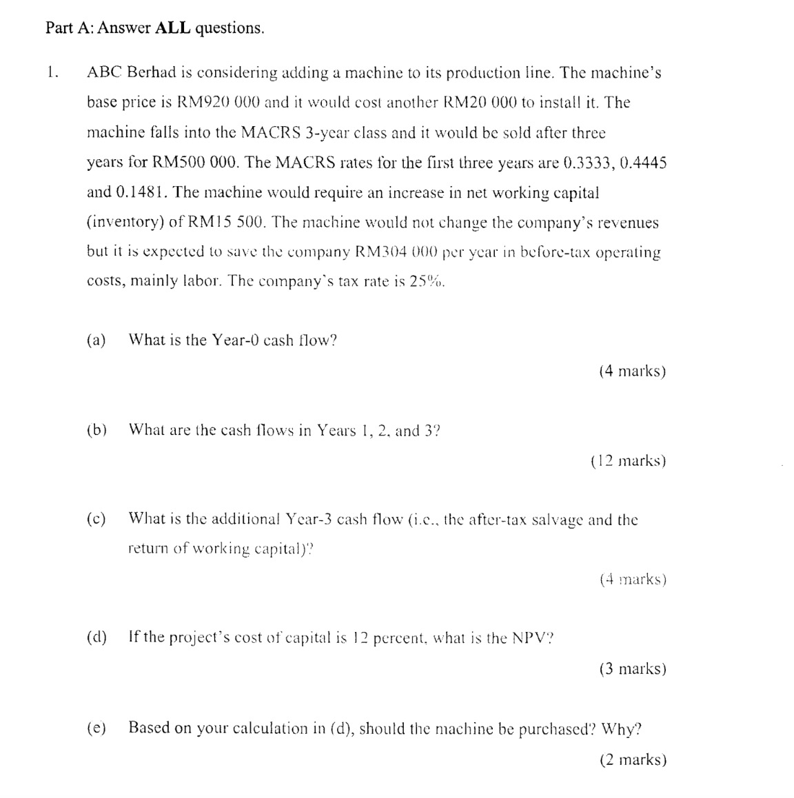  Part A: Answer ALL questions. ABC Berhad is considering adding a