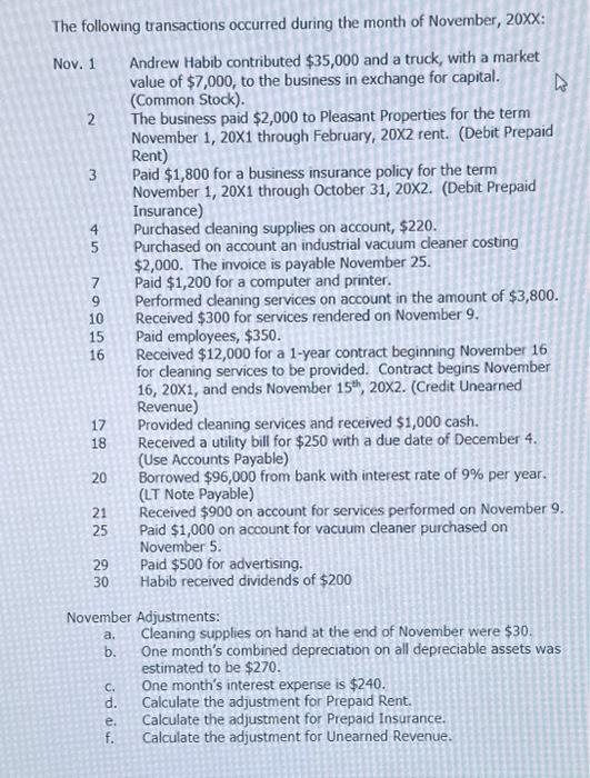 November, 20XX Start with the following transactional data for the first month